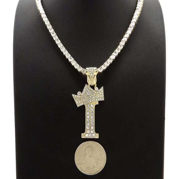 Initial Letter "I" Pendant Tennis Chain Necklace - Picture 1 of 10
